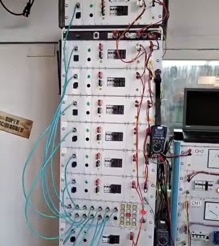 Close-up of the routing-module rack with turquoise cables
